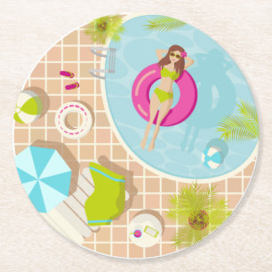Dessous-de-verre Rond En Papier Piscine fille en bikini plage d'été