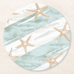 Dessous-de-verre Rond En Papier Plage Aqua Mint Starfish Stripes Mariage