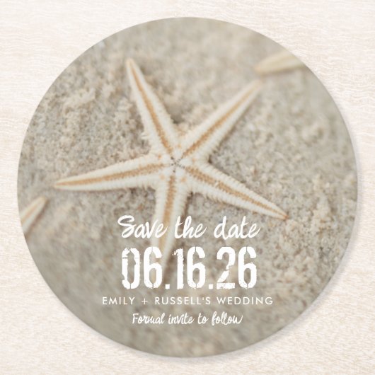 Dessous-de-verre Rond En Papier Plage Mariage Starfish Unique Enregistrer la date (Devant)