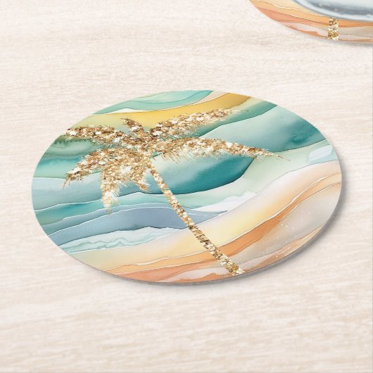 Dessous-de-verre Rond En Papier Plage Tropical Gold Parties scintillant Palm Tree (Incliné)
