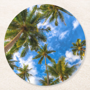 Dessous-de-verre Rond En Papier Plages tropicales   Palmiers sur le ciel bleu