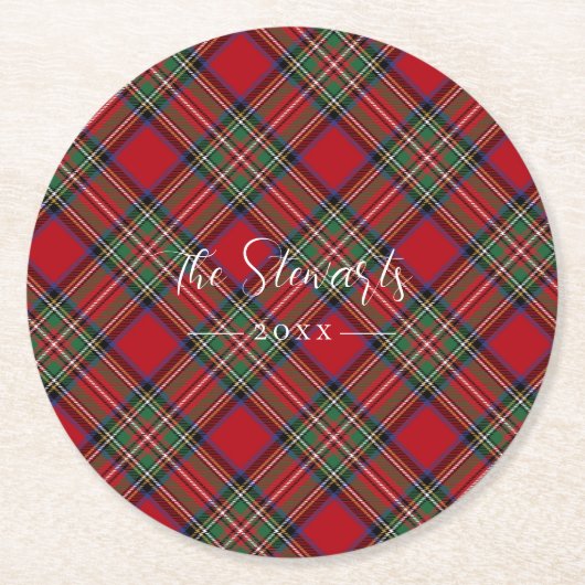 Dessous-de-verre Rond En Papier Plaid Rustique Rouge Vert Ferme Tartan (Devant)