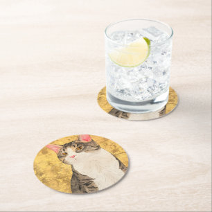 Dessous-de-verre Rond En Papier Portrait de chat blanc gris vintage