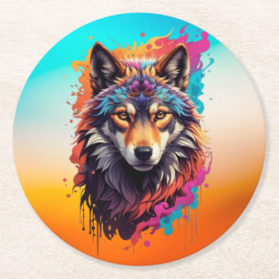 Dessous-de-verre Rond En Papier Portrait de loup coloré Art animalier abstrait-876