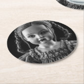 Dessous-de-verre Rond En Papier Poupée hantée déplaisante en Dessous de verre noir (Incliné)