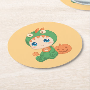 Dessous-de-verre Rond En Papier Premier Costume Dinosaure Halloween mignon bébé