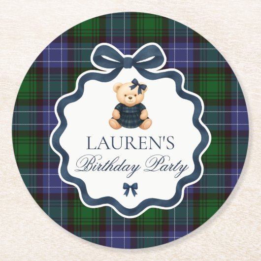 Dessous-de-verre Rond En Papier Preppy Coquette Bow Bear Plaid Birthday  (Devant)