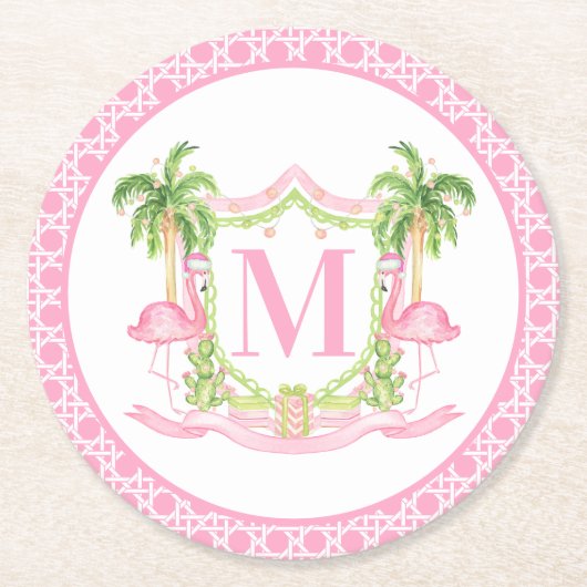 Dessous-de-verre Rond En Papier Preppy Flamingo Christmas Crest (Devant)
