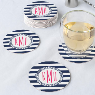 Dessous-de-verre Rond En Papier Preppy Nautical Navy & White Stripe Pink Monogramm