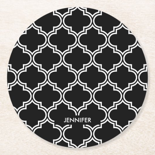 Dessous-de-verre Rond En Papier Quatrefoil noir et blanc (Devant)