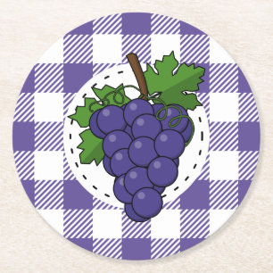 Dessous-de-verre Rond En Papier Raisins sur Plaid violet blanc