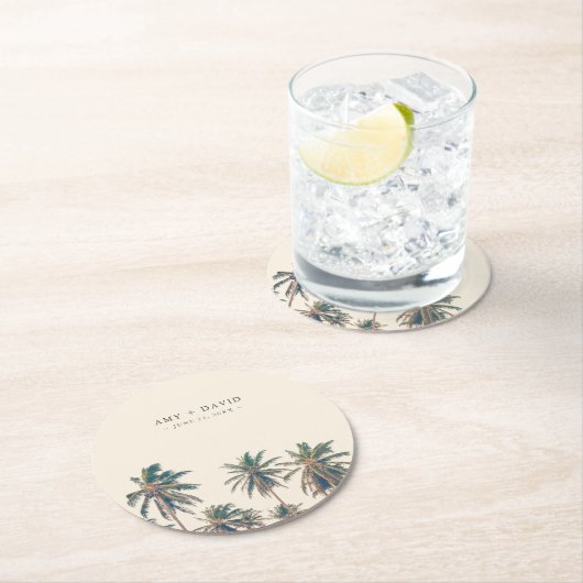 Dessous-de-verre Rond En Papier Réception de mariage de plage Palm Tree personnali (En situation)