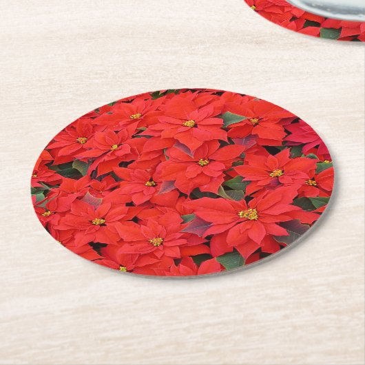 Dessous-de-verre Rond En Papier Red Poinsettias I Christmas Holiday Floral Photo (Incliné)