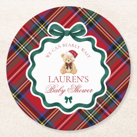 Dessous-de-verre Rond En Papier Red Tartan Plaid Christmas Bear Baby Shower (Devant)