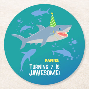Dessous-de-verre Rond En Papier Requin souriant sous la mer garçon fête d'annivers