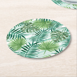 Dessous-de-verre Rond En Papier Retro Chic Tropical Green Palm Feuille Motif d'art