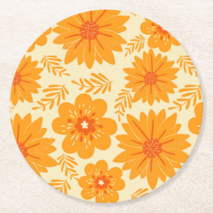 Dessous-de-verre Rond En Papier Retro Vintage Orange Botanique Fleur Motif Automne