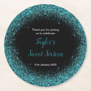 Dessous-de-verre Rond En Papier Robe Bleu sarcelle Faux Paillettes Sweet 16 Annive