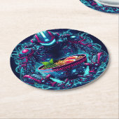 Dessous-de-verre Rond En Papier Robot Cyberpunk Futuriste Neon Nourriture Ramen (Incliné)