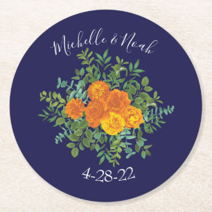 Dessous-de-verre Rond En Papier Rose bleu et orange Floral Mariage moderne
