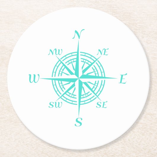 Dessous-de-verre Rond En Papier Rose de boussole blanche marine côtière (Devant)