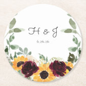 Dessous-de-verre Rond En Papier Rose de tournesol Eucalyptus Monogram Mariage (Devant)