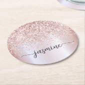 Dessous-de-verre Rond En Papier Rose élégant Parties scintillant or Monogramme Nom (Incliné)