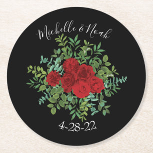 Dessous-de-verre Rond En Papier Rose Floral Black et Red Peony Mariage