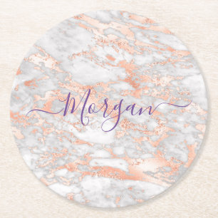 Dessous-de-verre Rond En Papier Rose Gold & Marbre Blanc, Nom en Écriture Violette
