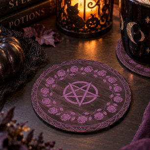 Dessous-de-verre Rond En Papier Rose gothique pentagramme sorcière violet