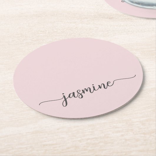 Dessous-de-verre Rond En Papier Rose Pâle Monogramme Nom Script Chic Signature (Incliné)