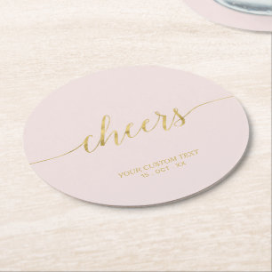 Dessous-de-verre Rond En Papier Rose Pâle & Or Lettre Moderne 'Cheers' Fête