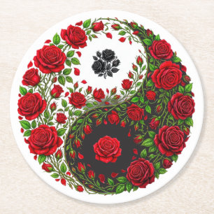 Dessous-de-verre Rond En Papier Rose Rouge et Rose Noire Yin Yang