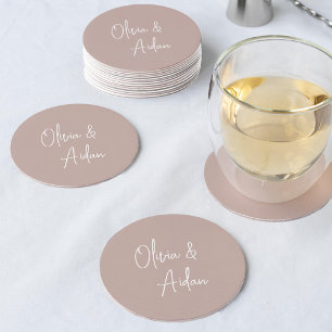 Dessous-de-verre Rond En Papier Rose Taupe   Mariage de script manuscrit moderne