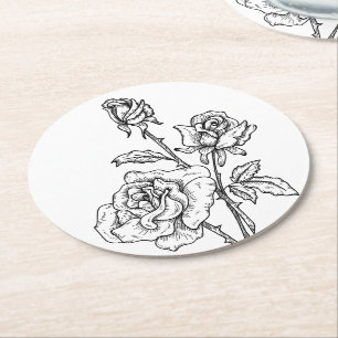 Dessous-de-verre Rond En Papier Roses Anciennes Fleurs Mariage Noir Blanc