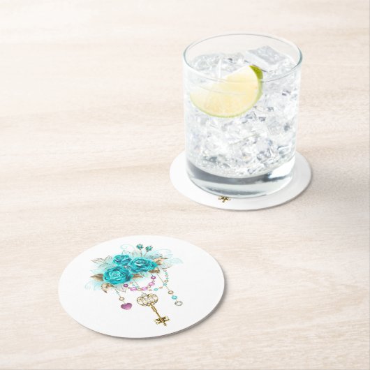 Dessous-de-verre Rond En Papier Roses turquoise avec touches (En situation)