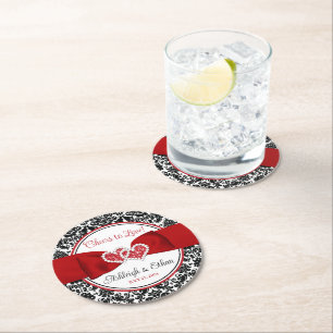 Dessous-de-verre Rond En Papier Rouge, Noir, Blanc Damas Amour Coeurs Mariage