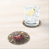 Dessous-de-verre Rond En Papier Rouge Noir Or Perles Rubis Diamants Élégant (En situation)