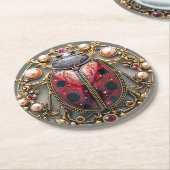 Dessous-de-verre Rond En Papier Rouge Noir Or Perles Rubis Diamants Élégant (Incliné)