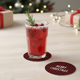 Dessous-de-verre Rond En Papier Rouge rustique et noir Buffalo plaqué Joyeux Noël