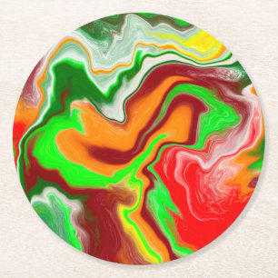 Dessous-de-verre Rond En Papier Rouge, Vert, Bourgogne Marbre Coloré Fluid Art