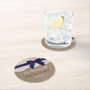 Dessous-de-verre Rond En Papier Ruban de la marine sur Burlap et Mariage de dentel