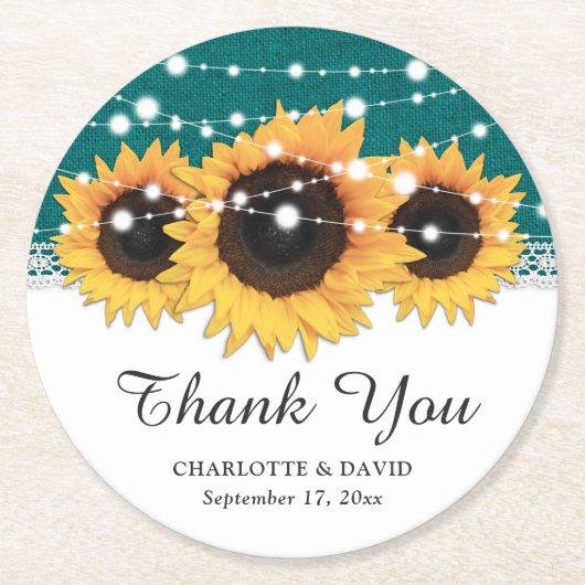 Dessous-de-verre Rond En Papier Russe Turquoise Burlap Mariage de tournesol (Devant)