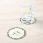 Dessous-de-verre Rond En Papier Russe Vert En vichy moderne Noël<br><div class="desc">Dessous de verre en papier de Noël rustique avec un design élégant,  le salut modifiable "Joyeux Noël" avec votre nom de famille et l'année sur un style vintage en vichy motif.</div>