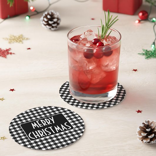 Dessous-de-verre Rond En Papier Rustic Black & White Buffalo Plaid Merry Christmas