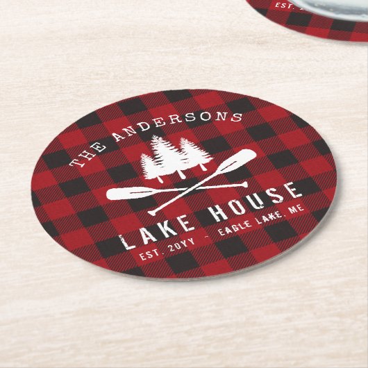 Dessous-de-verre Rond En Papier Rustique Country Lake House Tree Red Buffalo Plaid (Incliné)