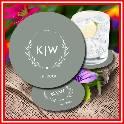 Dessous-de-verre Rond En Papier Sage vert et blanc | Monogramme des initiales mode
