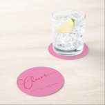 Dessous-de-verre Rond En Papier Salutations minimal rose rouge Script personnalisé<br><div class="desc">Dessous de verre papier rond de mariage personnalisé rose et rouge minimaliste</div>