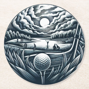 Dessous-de-verre Rond En Papier Scène de golf vintage avec joueurs et panier