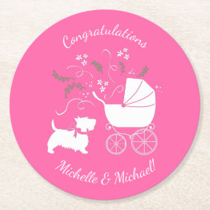 Dessous-de-verre Rond En Papier Scotty Chien Baby shower écossais Terrier rose